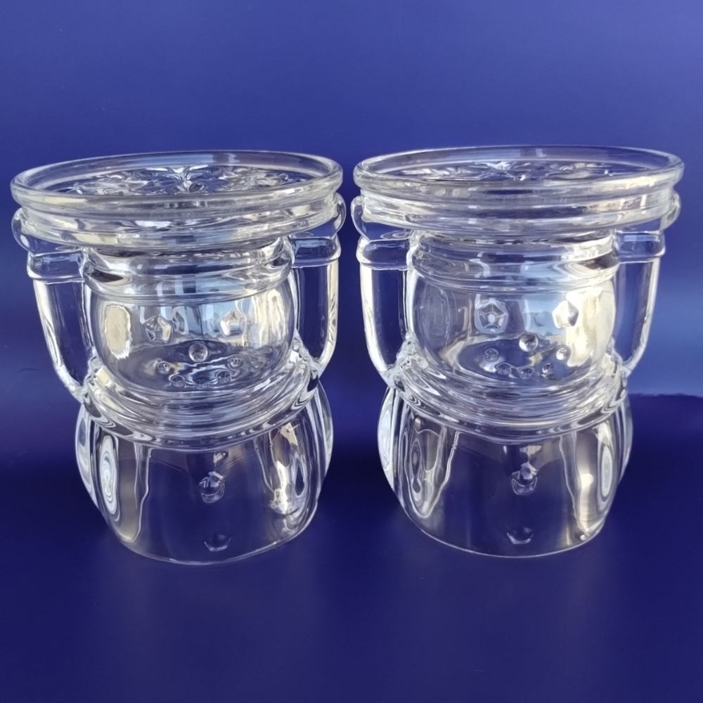 Pair of Clear Glass Snowman Candle Holders Pedestal Stands Winter Holiday Decor